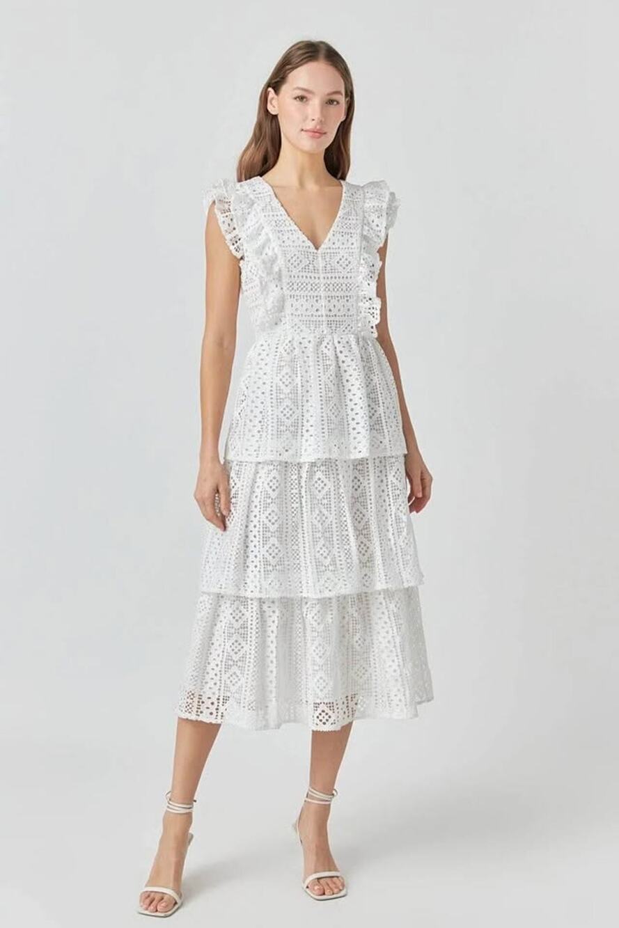 Endless Rose Women’s Small White Lace Tiered Ruffle Midi Dress - Picture 1 of 9